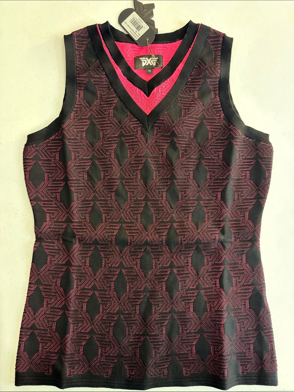 PXG Women Knit Tank Vest XS Black & Pink Geometric Shadow Jaquard NWT
